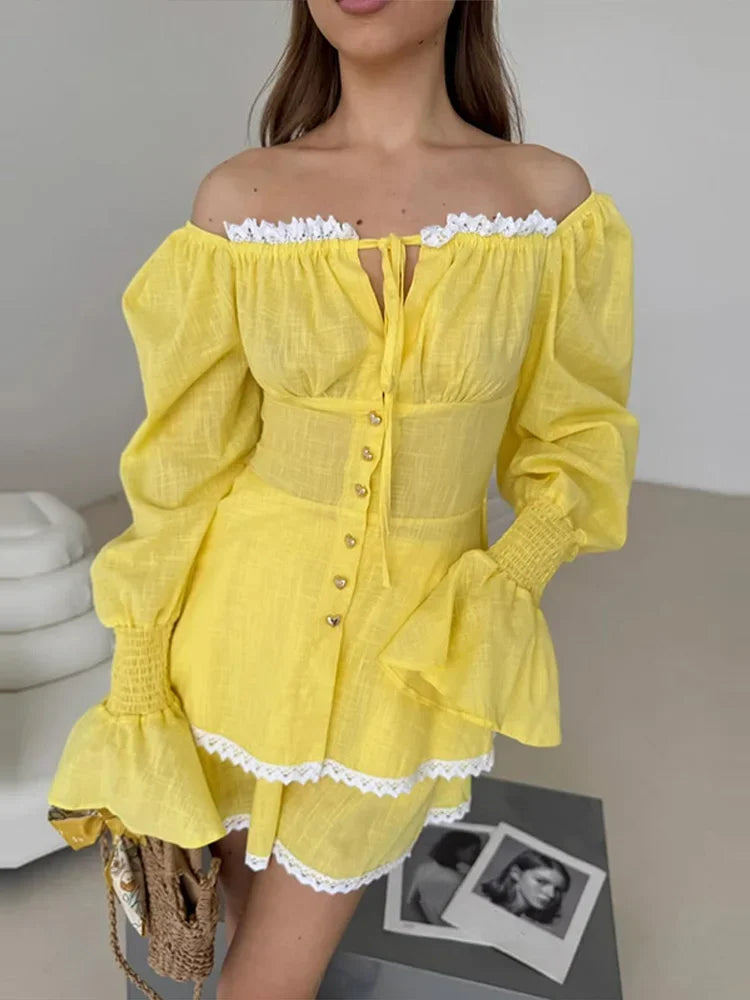 Yellow off-shoulder lace set styled for a summer trip, worn by a person, standing against a neutral background.