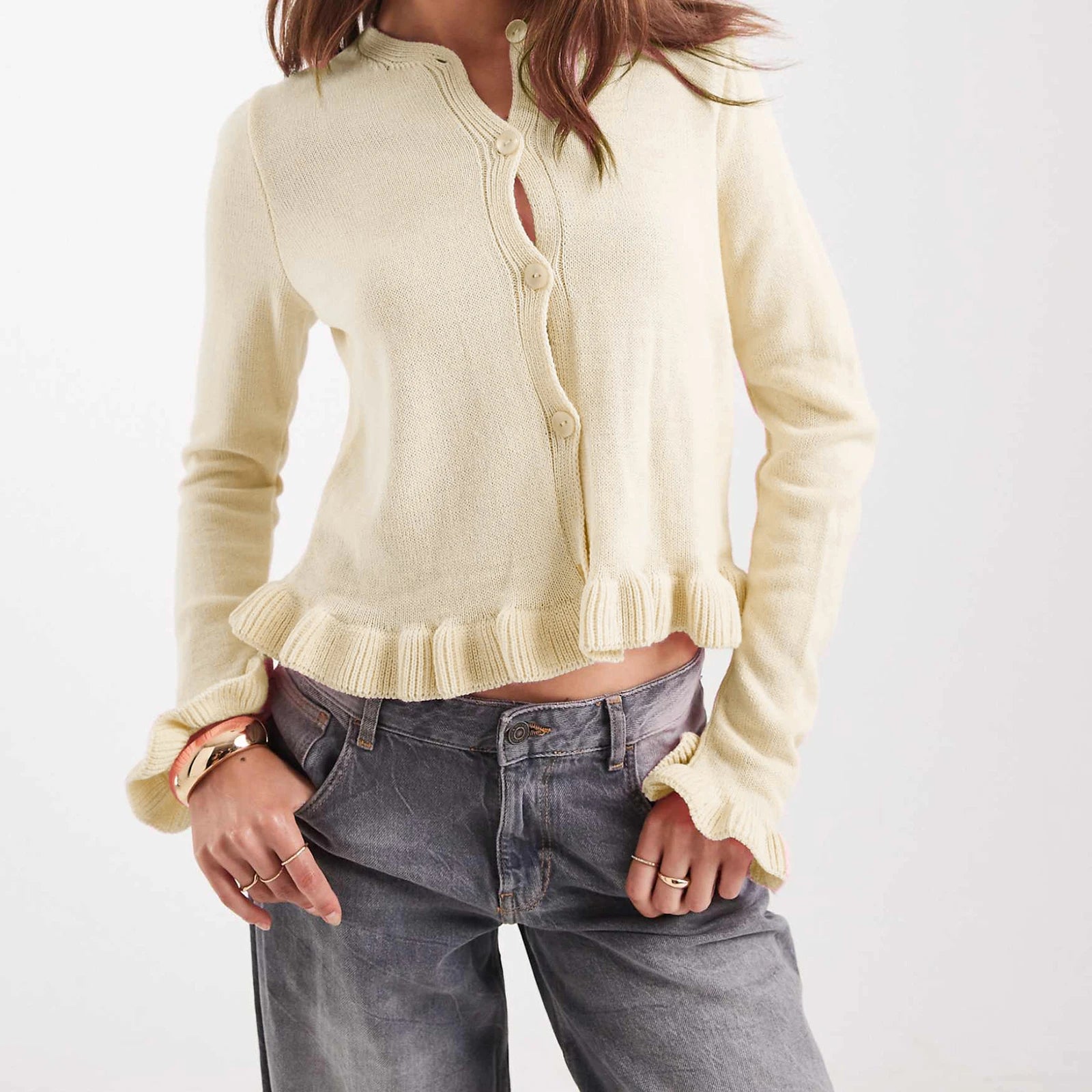 Yellow ruched knit cardigan styled with jeans for autumn

