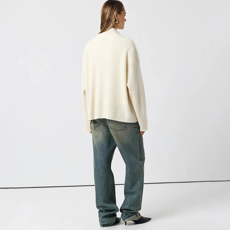 Zip closure cream ribbed sweater with high neck for casual winter warmth