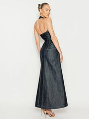 Patchwork denim party dress styled with pockets