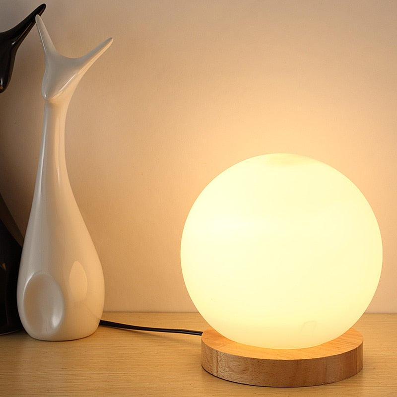 15cm Glass Round Ball Wooden Base Desk Lamp 