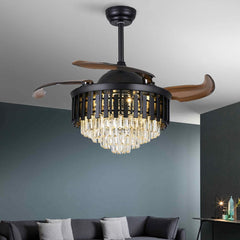 42 Inch Retractable Remote Control Black Crystal Chandelier Fan Light 