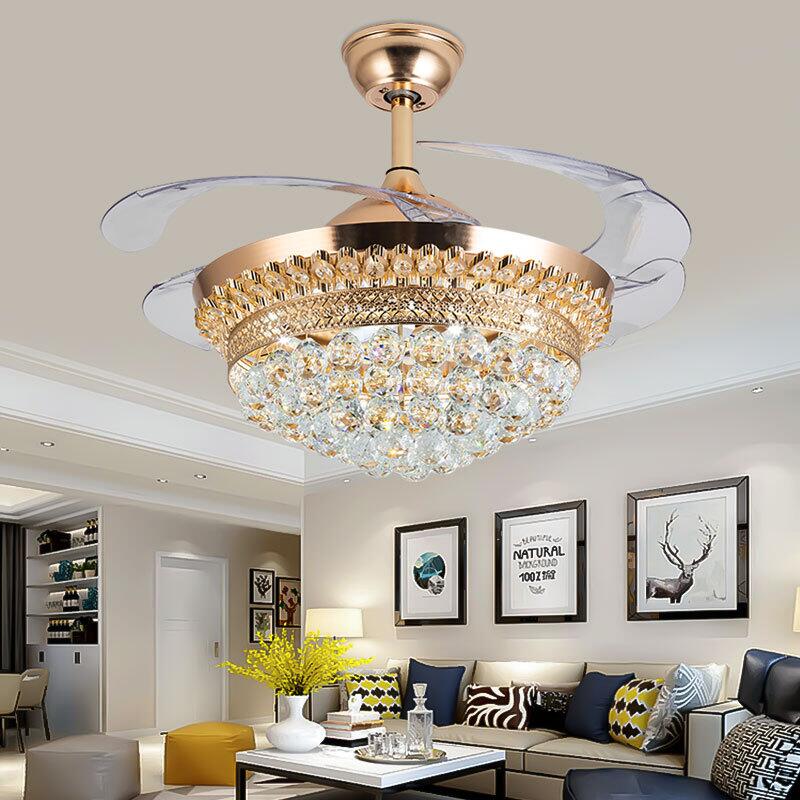 Gold Crystal Remote Control 110V 220 V Ceiling Chandelier Fan Lamp