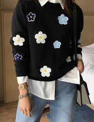 Floral Embroidered Loose Fit Pullover Sweater