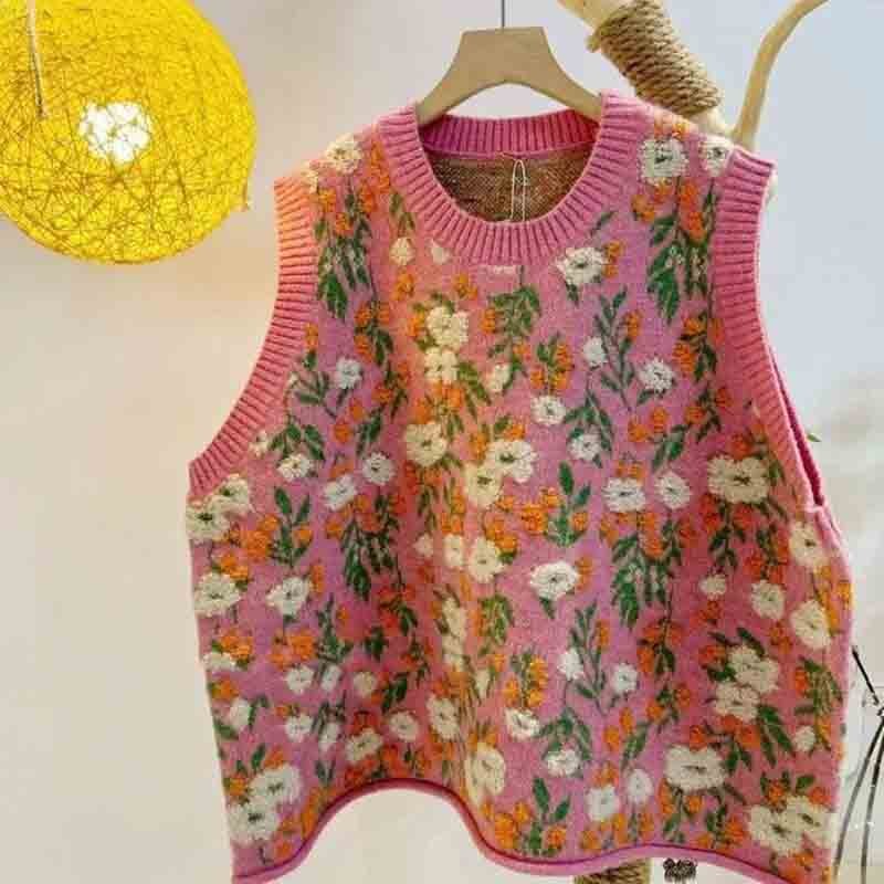 Baggy Floral Sweater Vest Women All-match Cozy Knitted Cardigan 