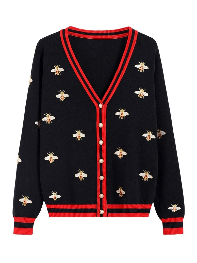 Bee Embroidery Contrast Color Button Knitted Sweater 