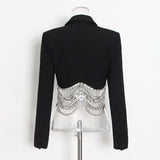 Black Cropped Blazer And Mini Skirt Crystal Chain Two Piece Set 