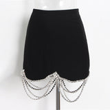 Black Cropped Blazer And Mini Skirt Crystal Chain Two Piece Set 