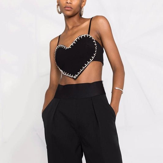 Black Crystal Trim Heart-shaped Camisole Top
