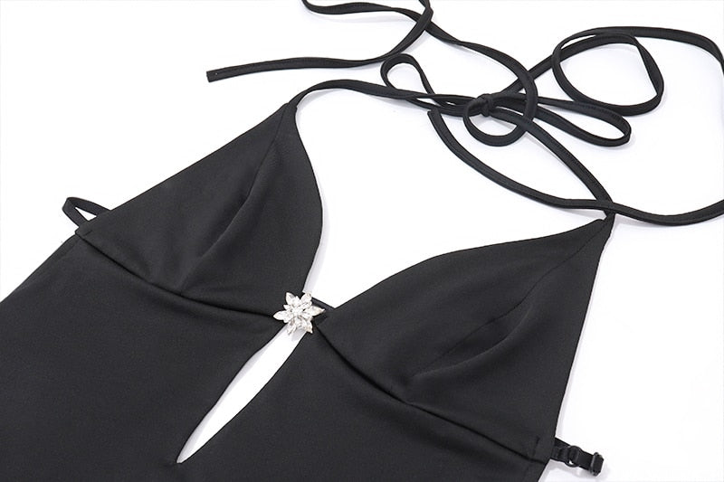 Black Deep V-neck Backless Frill Mini Dress 