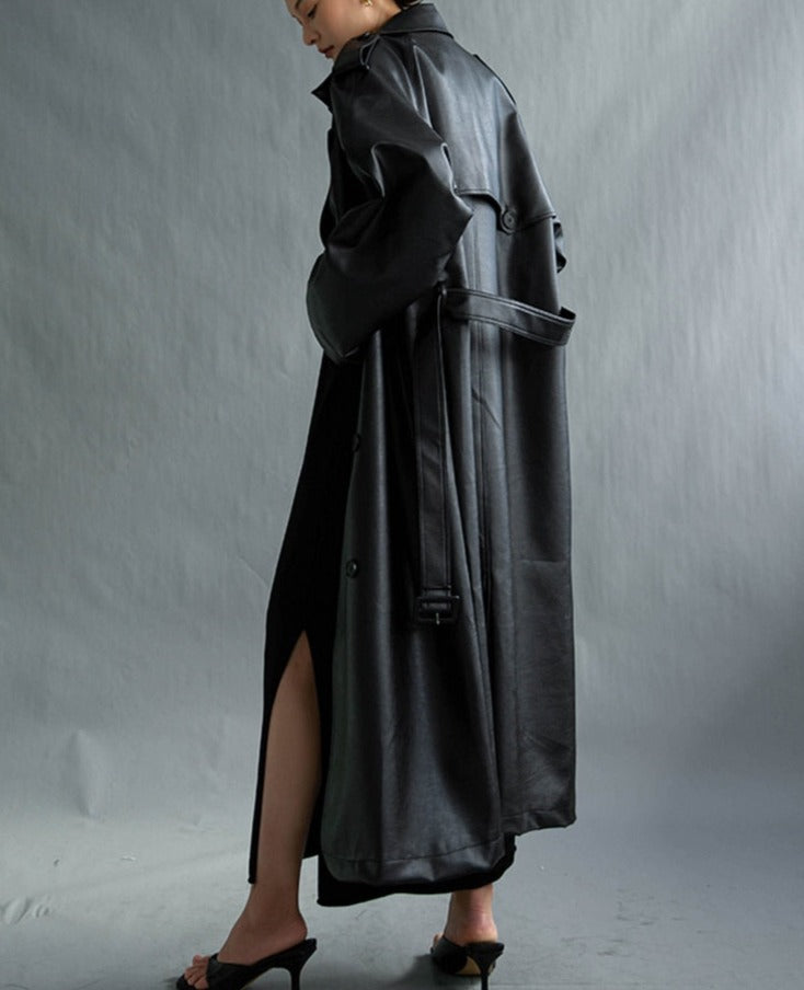 Black Faux Leather Trench Coat 