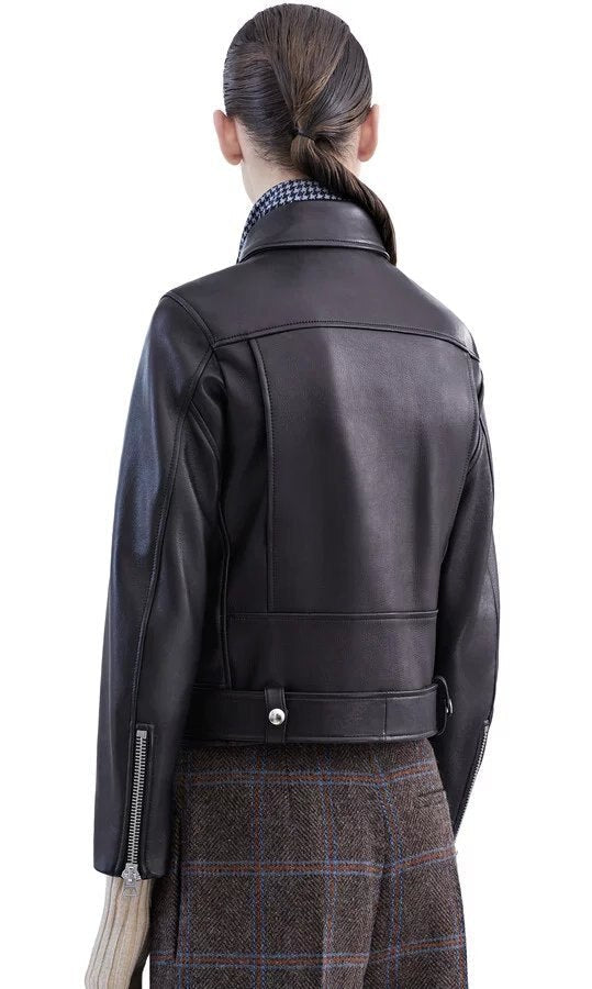 Black Faux Leather Zipper Jacket With Belt 