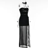 Black Flower Brooch Cut-Out Slit Maxi Dress 
