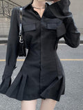 Black Long Sleeve Pleated Turn-down Collar Shirt Dress 