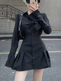 Black Long Sleeve Pleated Turn-down Collar Shirt Dress 