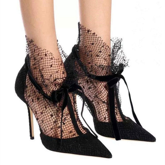 Black Mesh Butterfly-knot Stiletto Pointed Toe Shoes 