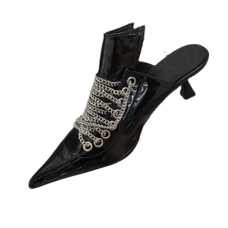Black Pointed Toe Metal Chain Mid Heeled Sandals 