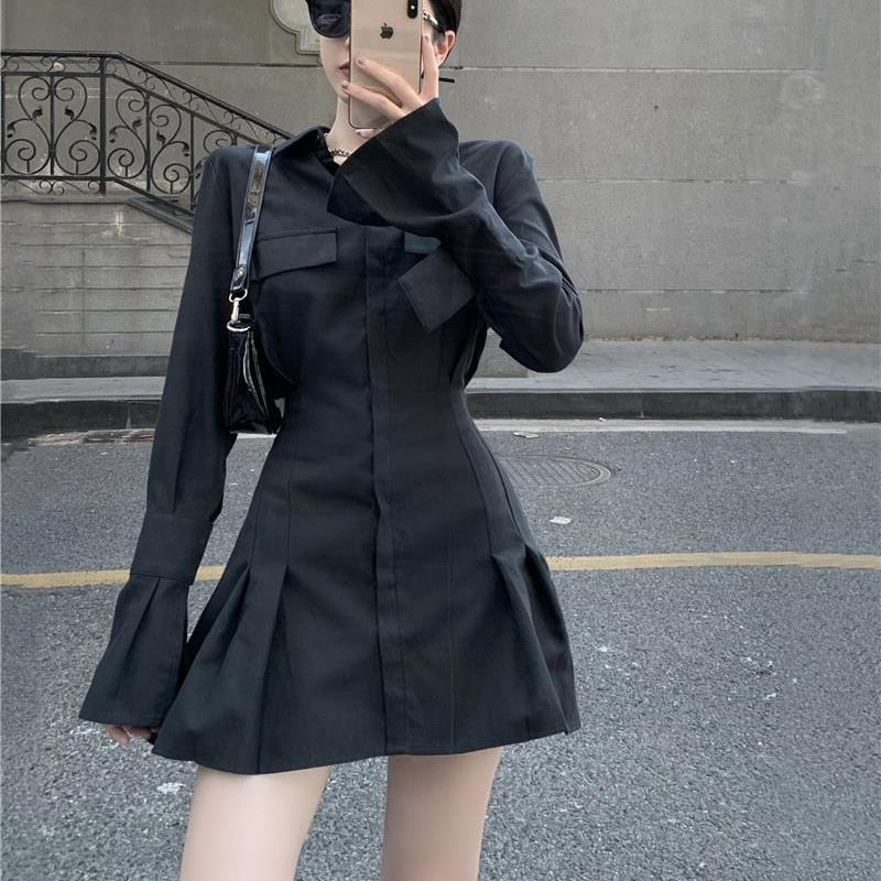 Black Shirt Pleated Turn-down Collar Mini Dress 