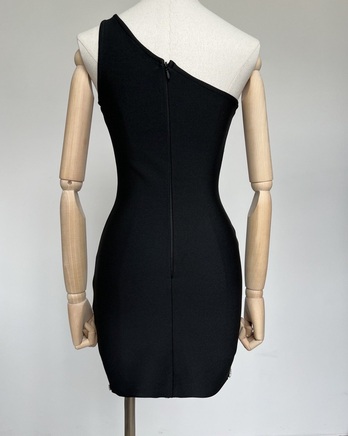 Black Slanted Shoulder Rhinestone Mini Dress 
