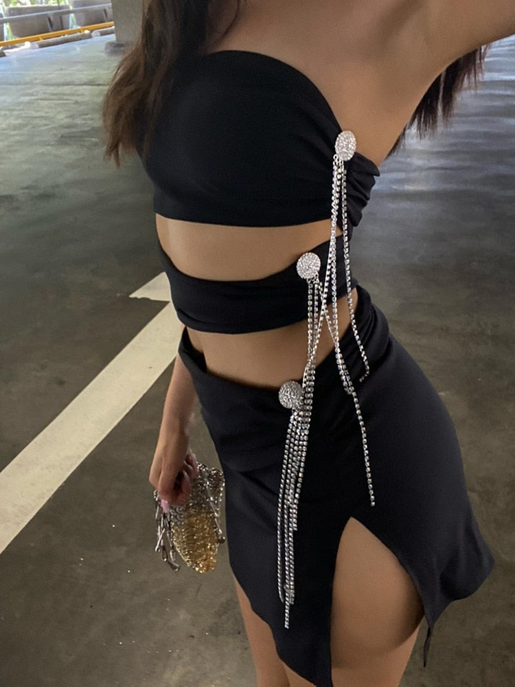 Black Strapless Diamond Mini Dress 