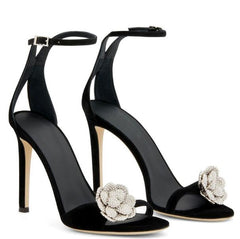 Black Suede Bling Flower Ankle Strap Crystal Sandals 