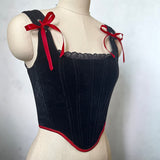 Black Velvet Red Ribbon Tie-Up Corset 