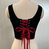 Black Velvet Red Ribbon Tie-Up Corset 