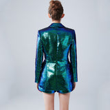 Bling Sequins Suit Single Button Blazer & Shorts Fushcia Color 2PCs 
