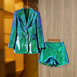 Bling Sequins Suit Single Button Blazer & Shorts Fushcia Color 2PCs 
