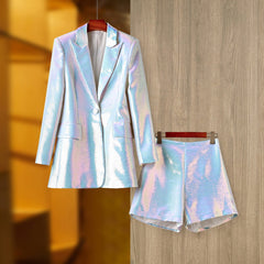 Bling Sequins Suit Single Button Blazer & Shorts Fushcia Color 2PCs 