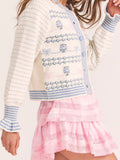 Blue Pattern Knitted Flare Sleeve Cardigan And High Waist Mini Skirt Set 