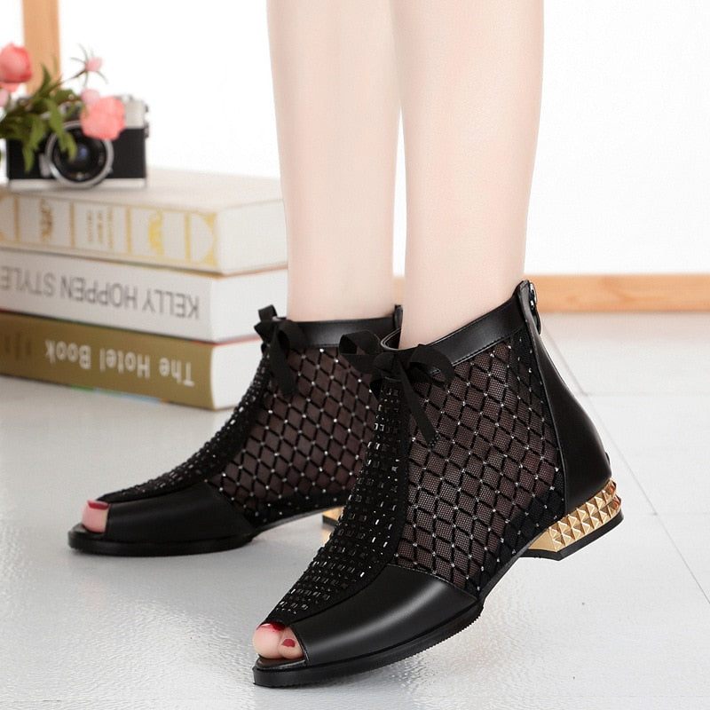 Bow Leather Hollow Mesh Ankle Boots 