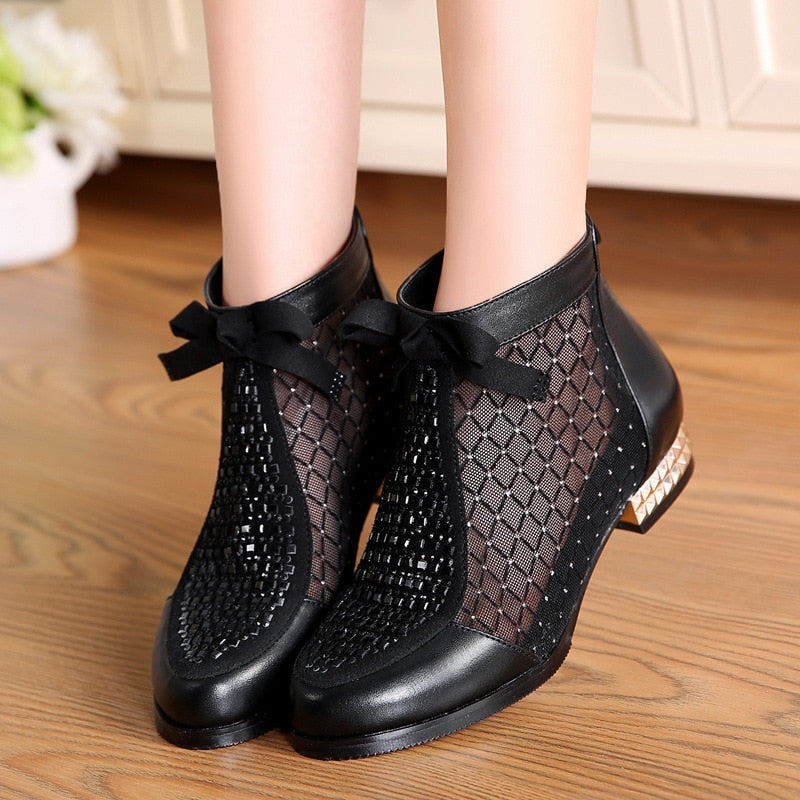 Bow Leather Hollow Mesh Ankle Boots 