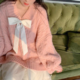 Bow Loose Knitted Pink Sweater 