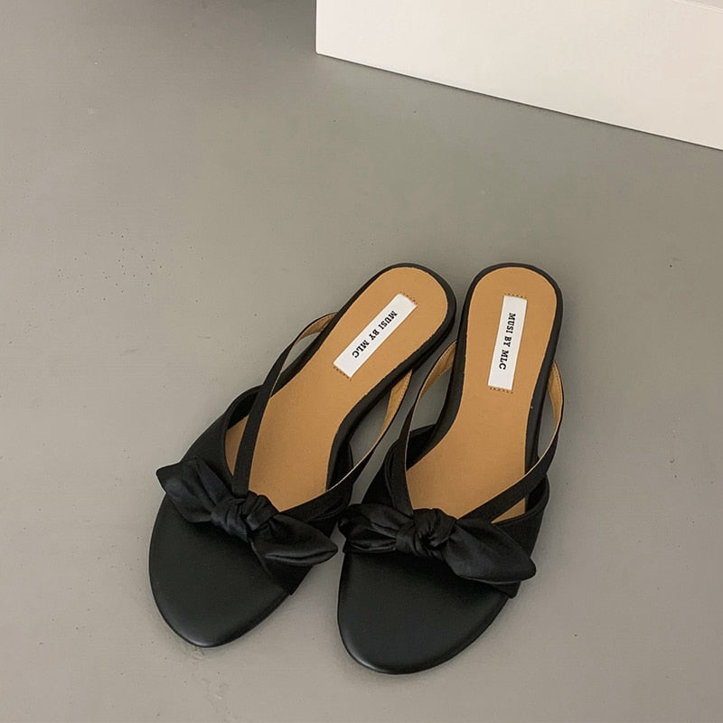 Bow-knot Slip On Flat Heel Slide Sandals 