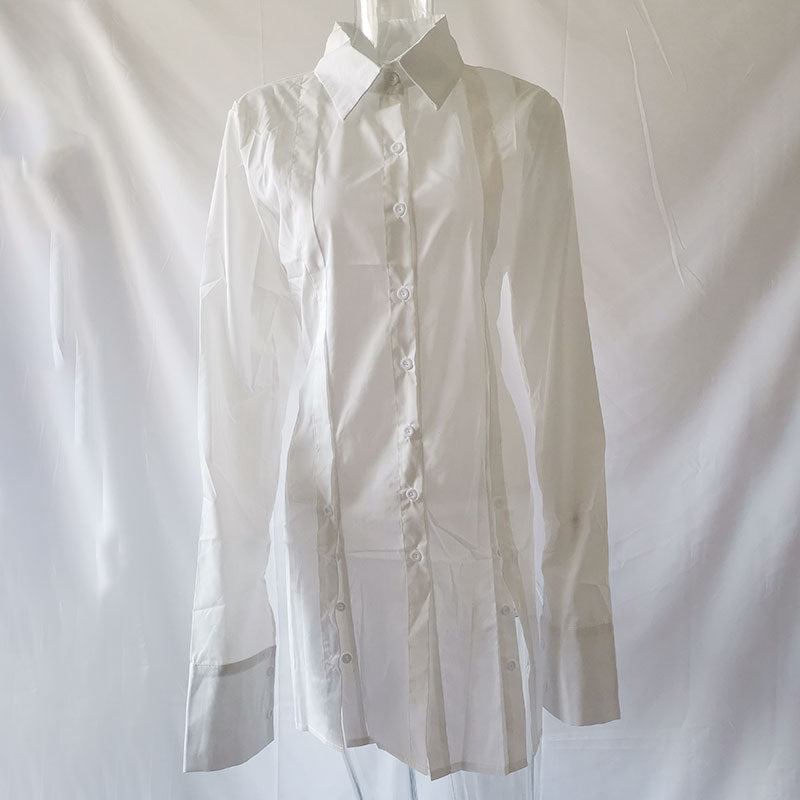 Button Split White Long Sleeve Mini Dress 