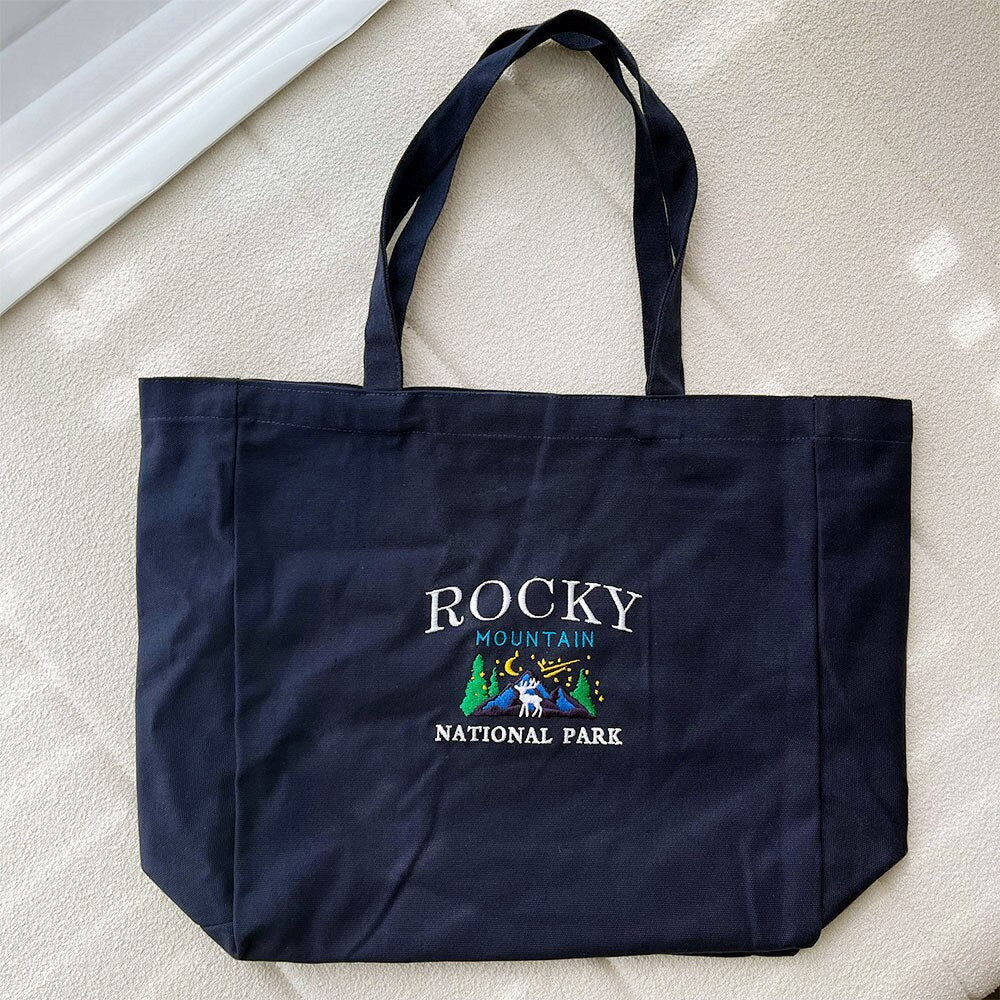 Canvas Rock Mountain Embroidered Casual Reusable Tote Bag 