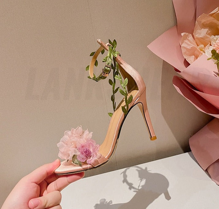 Chiffon Flower High Heels Strappy Sandal Shoes 