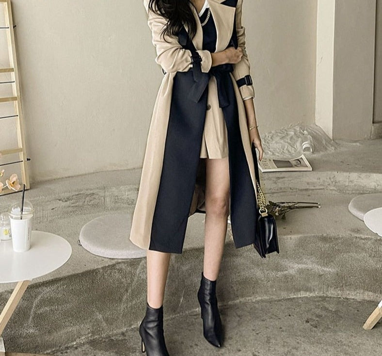 Notched Collar Buttons Belted Long Trench Coats