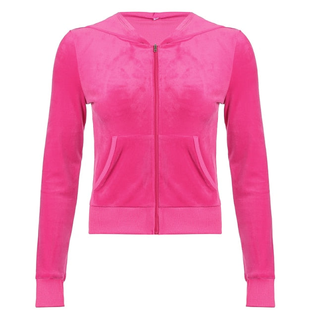 Pink Velvet Cropped Zip Up Hoodies Jacket