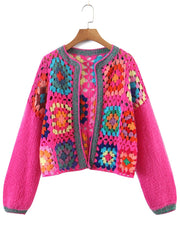 Colored Plaid Flower Hand Crochet Cardigan O neck Knitwear 