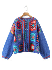 Colored Plaid Flower Hand Crochet Cardigan O neck Knitwear 