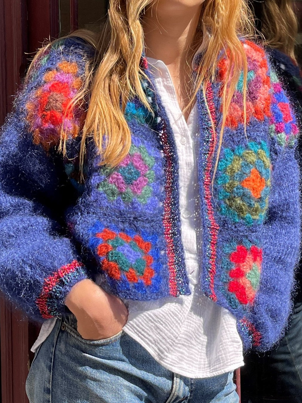 Colored Plaid Flower Hand Crochet Cardigan O neck Knitwear 