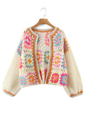 Colored Plaid Flower Hand Crochet Cardigan O neck Knitwear 