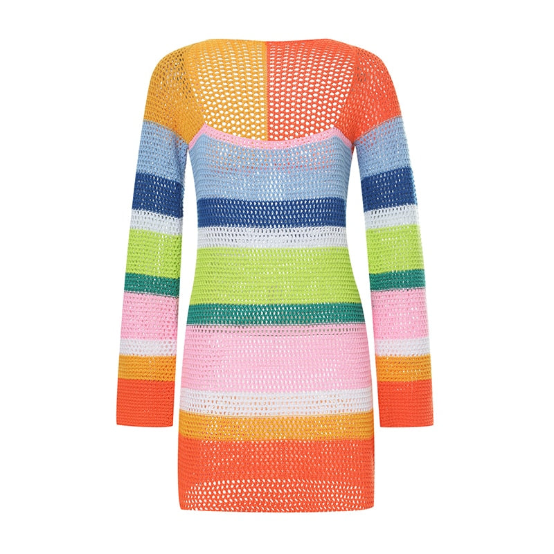 Colourful Pattern Stripe Long Sleeve Knit Mini Dress 