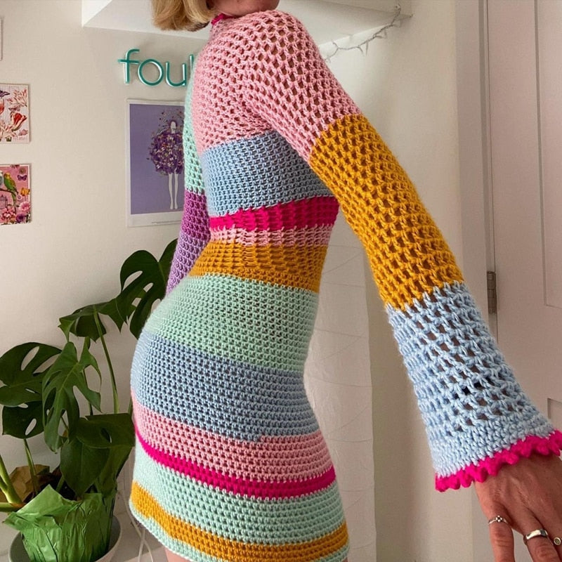 Colourful Stripe Long Sleeve Knit Mini Dress 