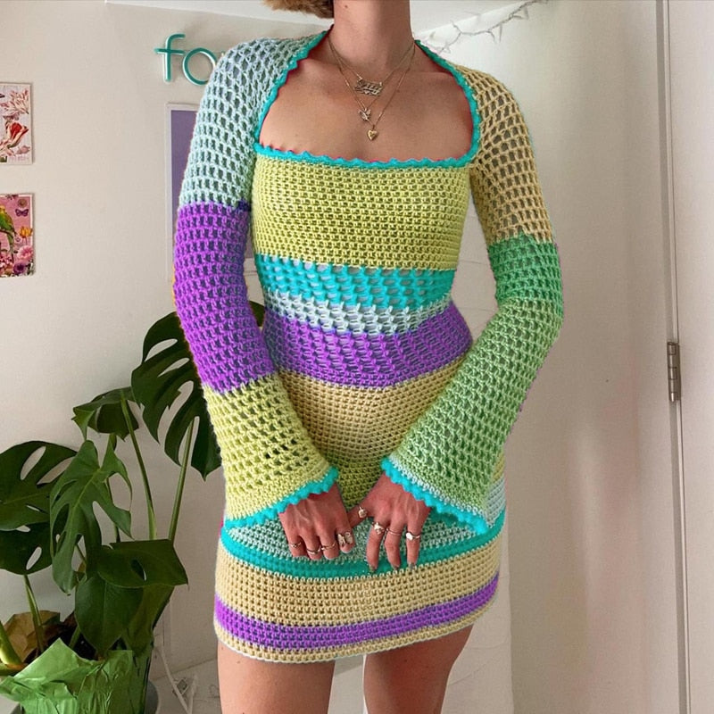 Colourful Stripe Long Sleeve Knit Mini Dress 