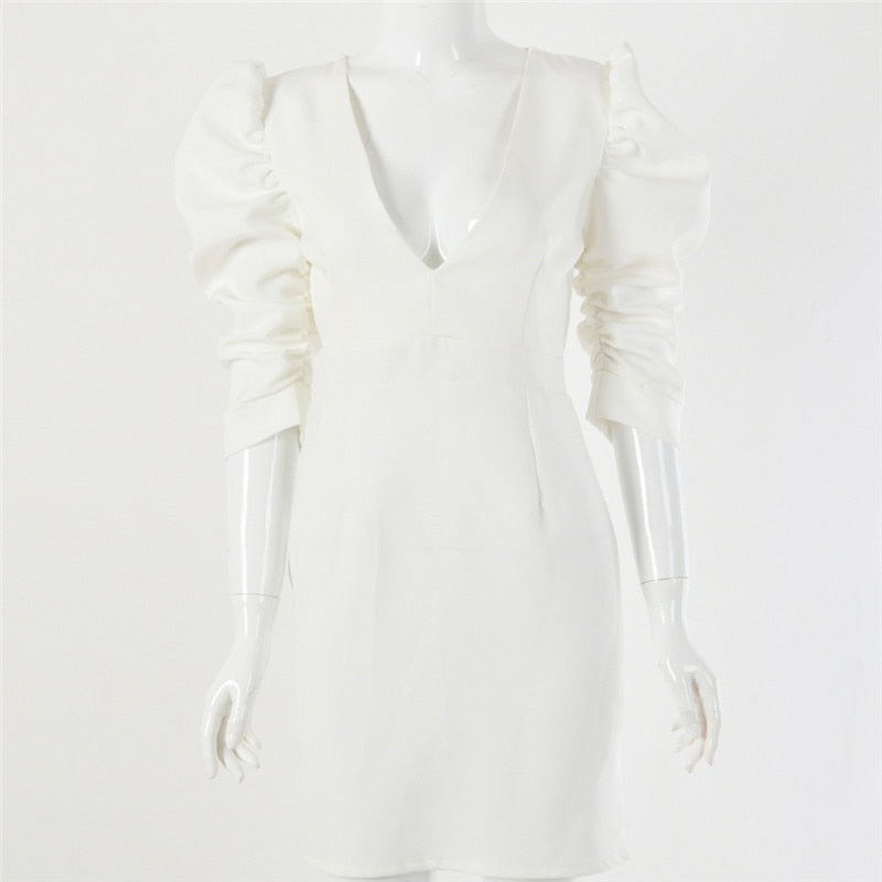 Deep V-neck Puff Sleeve White Mini Dress