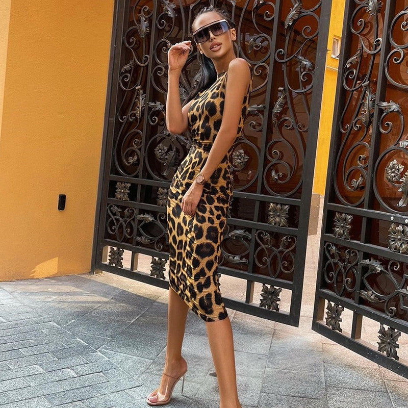 Leopard Print Sleeveless Bodycon Midi Dress