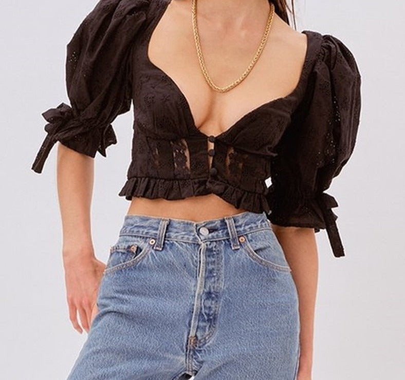 Embroidery Hole Puff Sleeve Ruched back Top